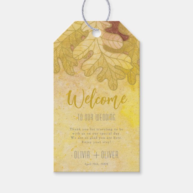 Välkomsthälsning för Autumn Oak Löv Bröllop Presentetikett (Framsidan)