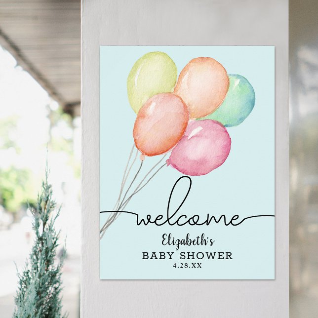 Välkomsthälsning för babybabykläder för vattenfärg poster (Watercolor balloons on blue boy baby shower welcome poster, PRINTED and/or INSTANT DOWNLOAD)