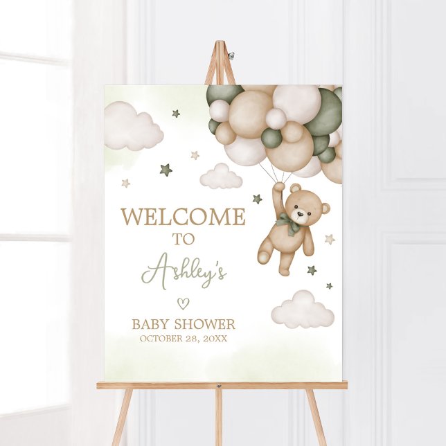 Välkomsthälsning för babybabyskor för grönt Bear B Poster (Boho Bear Baby Shower Welcome Sign)