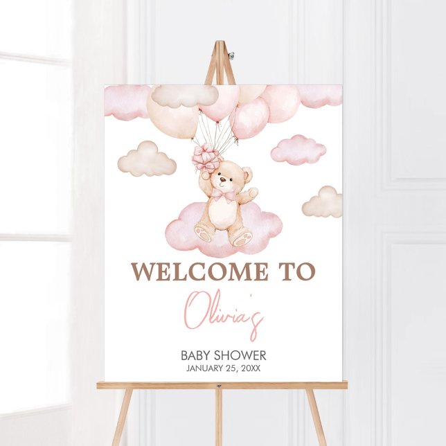 Välkomsthälsning för babybabyskor för rosa Baby Be Poster (Pink Baby Bear Balloon Baby Shower Welcome Sign)