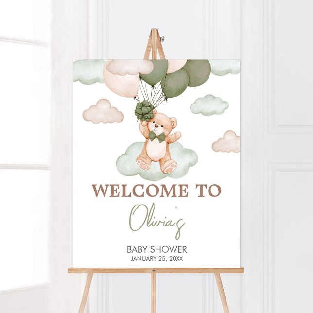 Välkomsthälsning för babybabyskor i grönt Baby Bea Poster (Green Bear Balloon Bearly Wait Baby Shower Welcome Sign)