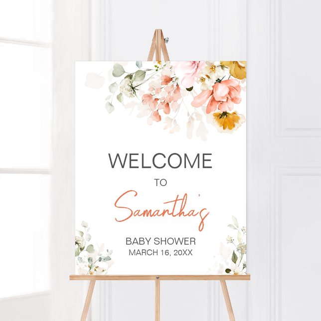Välkomsthälsning för babybabyskor i Vår Blommigt Poster (Oh Baby Bloom Florals Baby Shower Welcome Sign)