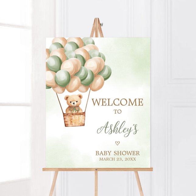 Välkomsthälsning för babykläder för grönt Bear Luf Poster (Boho Green Bear Baby Shower Welcome Sign)