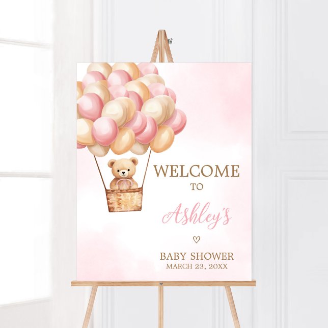 Välkomsthälsning för babykläder för rosa Bear Luft Poster (Girl Bear Boho Baby Shower Welcome Sign)