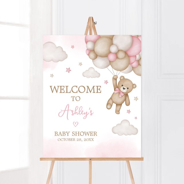 Välkomsthälsning för babyskor för rosa Bear Balloo Poster (Girl Bear Baby Shower Welcome Sign)