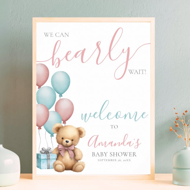Välkomsthälsning för babyskor i nallen poster (Teddy Bear Balloon Baby Shower Welcome Poster )