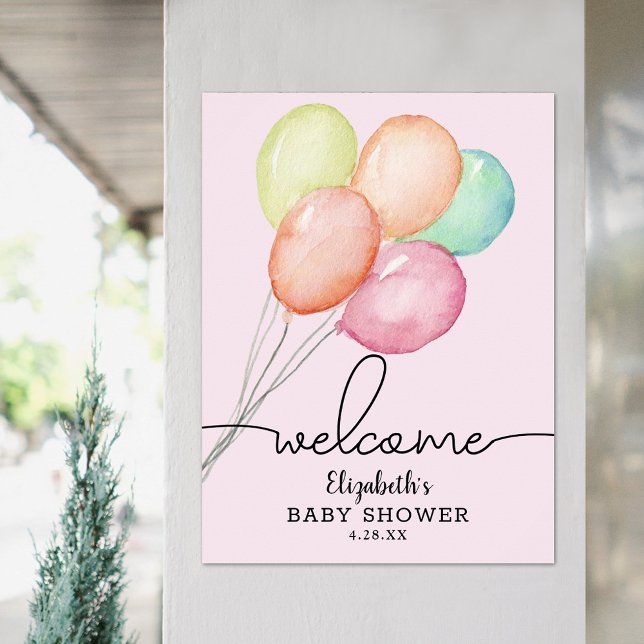 Välkomsthälsning för barn med liten färg i ballong poster (Watercolor balloons on pink girl baby shower welcome poster, PRINTED and/or INSTANT DOWNLOAD)
