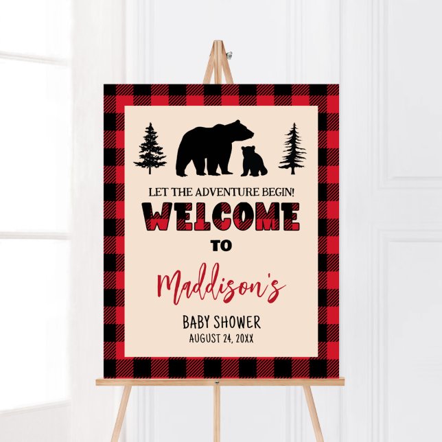 Välkomsthälsning för beskärning av Unge Lumberjack Poster (Bear Cub Plaid Lumberjack Baby Shower Welcome Sign)