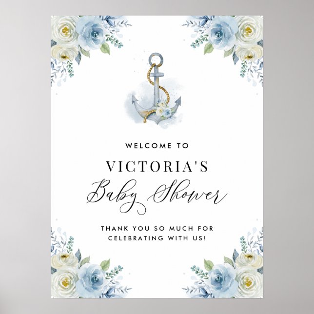 Välkomsthälsning för blå och vit Blommigt Nautical Poster (Framsidan)