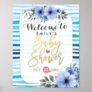 Välkomsthälsning för blåfärgad Blommigt Blått Rand Poster