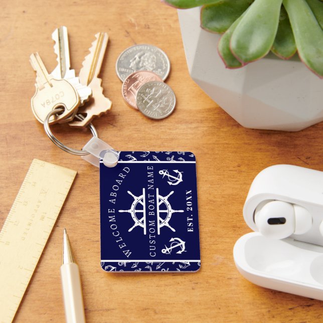 Välkomsthälsning för blått båtsfartyg ombord nyckelring (Skrivbord)