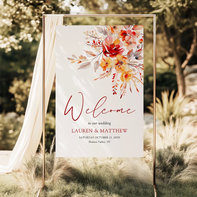 Välkomsthälsning för Blommigt av vattenfärg under  Poster (Elegant rustic fall watercolor floral welcome to our wedding poster)