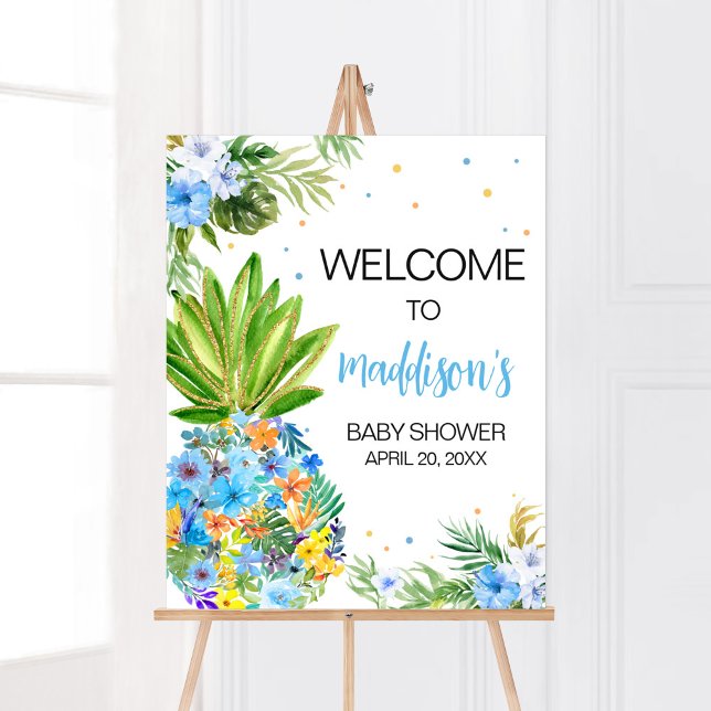 Välkomsthälsning för blommigt Blue Pineapple Baby  Poster (Blue Gold Pineapple Baby Shower Welcome Sign)