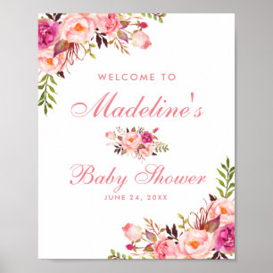Välkomsthälsning för Blommigt för vattenfärg Rosa Poster
