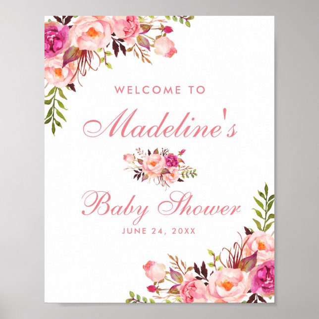 Välkomsthälsning för  Blommigt för vattenfärg Rosa Poster (Framsidan)