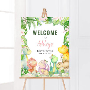 Välkomsthälsning för blommigt Girl Dinosaur Baby S Poster