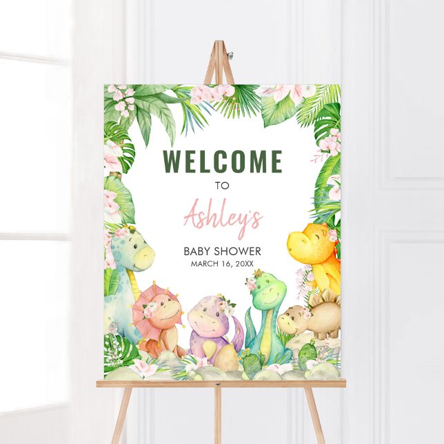 Välkomsthälsning för blommigt Girl Dinosaur Baby S Poster (Greenery Dinosaur Baby Shower Welcome Sign)