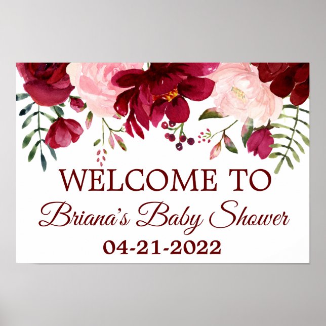 Välkomsthälsning för Blommigten Burgundy Rosa Baby Poster (Framsidan)
