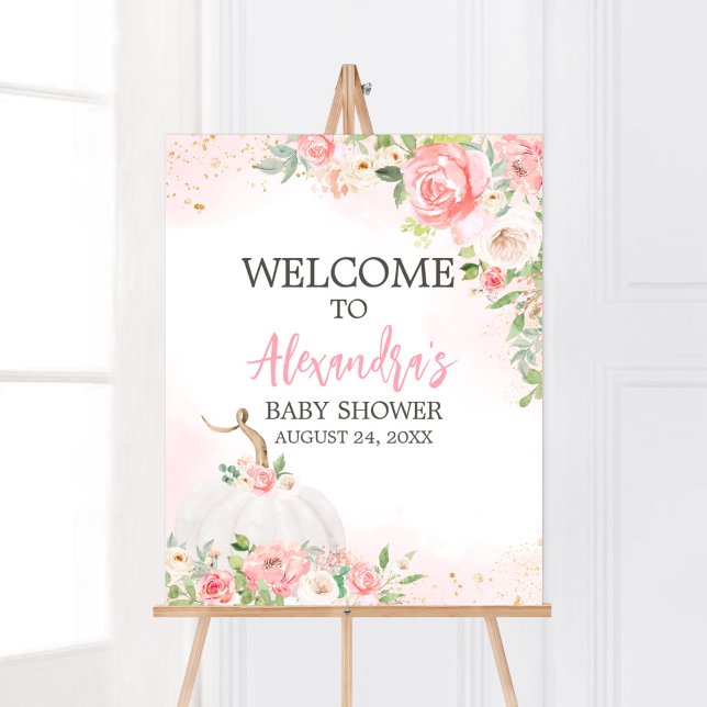 Välkomsthälsning för blommigtens fallskärmshoppare poster (Pink Pumpkin Baby Shower Welcome Sign)