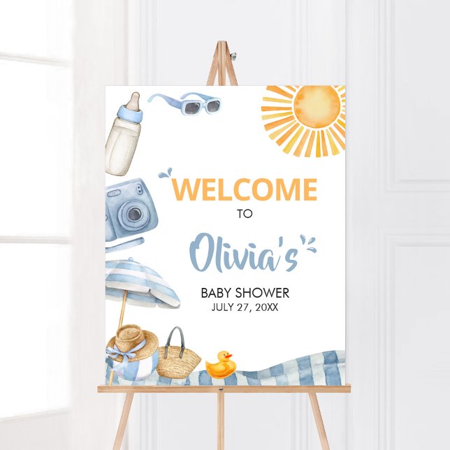 Välkomsthälsning för Blue Beach Summer Baby Shower Poster (Boy Splish Splash Baby Shower Welcome Sign)
