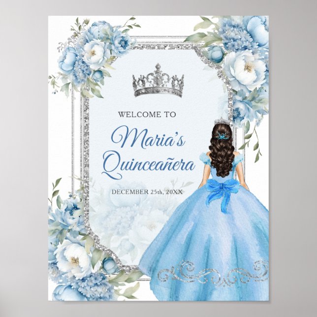 Välkomsthälsning för Blue Blommigt Krona Quinceañe Poster (Framsidan)