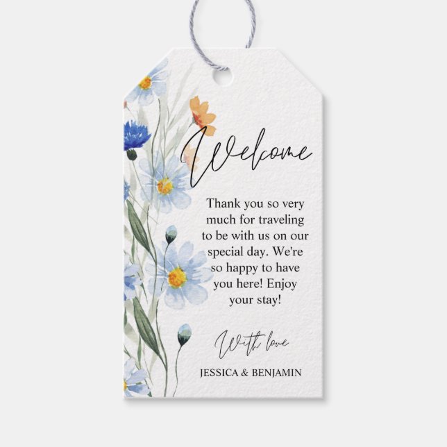 Välkomsthälsning för Blue Daisys Blommigt Bröllop Presentetikett (Framsidan)