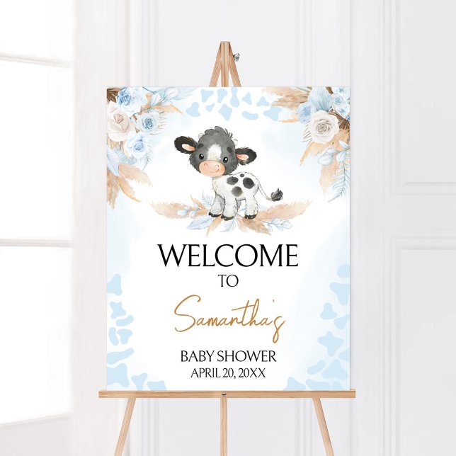 Välkomsthälsning för Blue Heliga Cow Baby Shower Poster (Boy Highland Cow Baby Shower Welcome Sign)