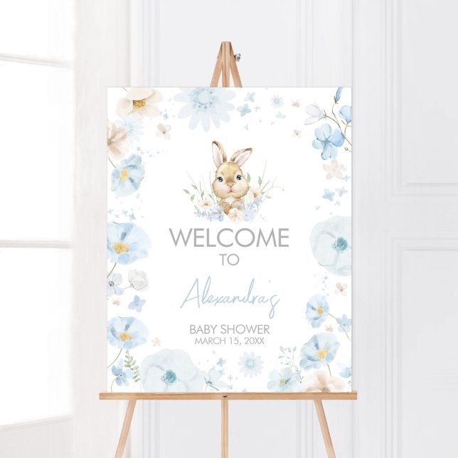 Välkomsthälsning för Blue Nåt Bunny Rabbit Baby Sh Poster (Blue Rabbit Somebunny Baby Shower Welcome Sign)