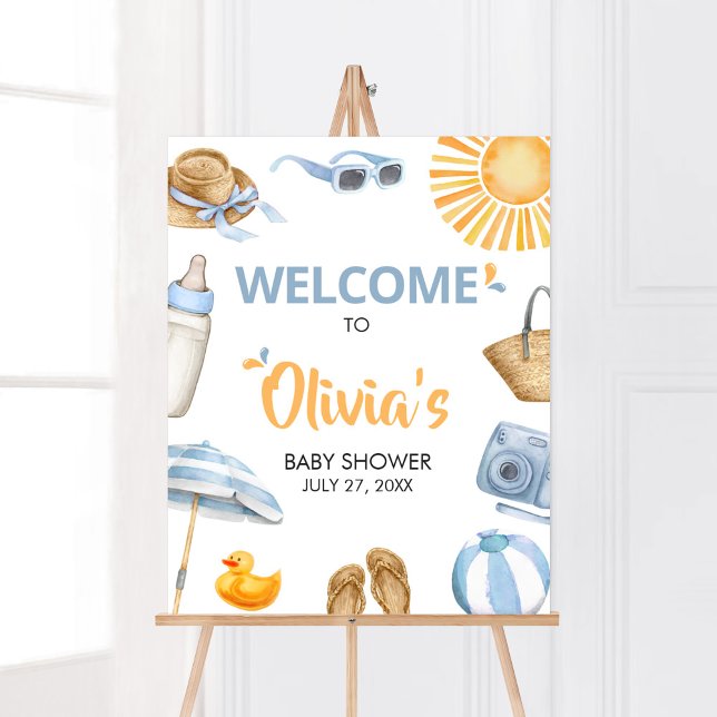 Välkomsthälsning för Blue Splish Stänk Baby Shower Poster (Boy Summer Beach Baby Shower Welcome Sign)