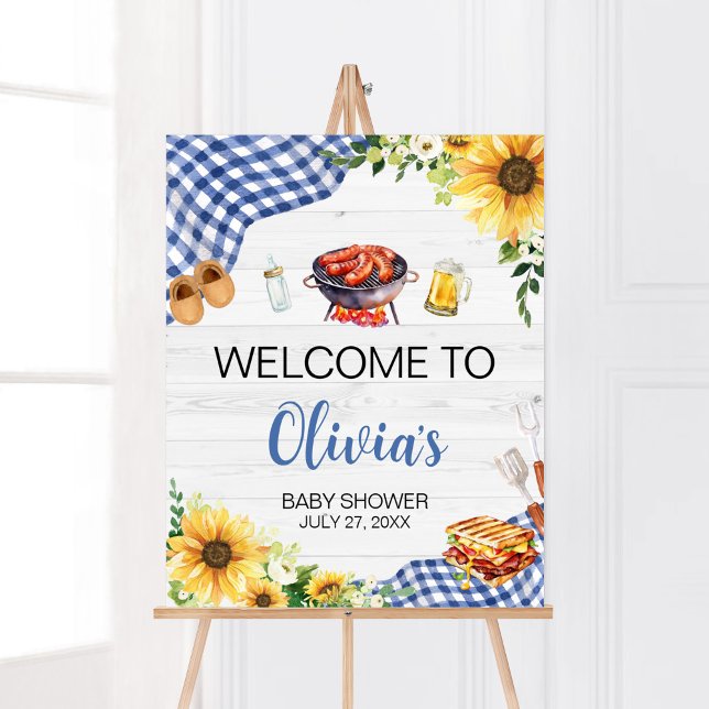 Välkomsthälsning för Blue Sunblomman BBQ Baby Show Poster (Boy Picnic Backyard Baby Shower Welcome Sign)