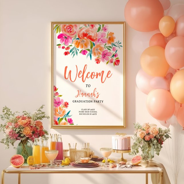 Välkomsthälsning för Bright Blommigt med fet hand- Poster (Bright Floral Bold Hand-Painted Graduation Welcome Poster)