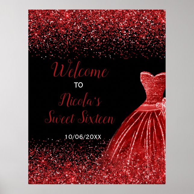 Välkomsthälsning för Bright Red Dress Faux Glitter Poster (Framsidan)