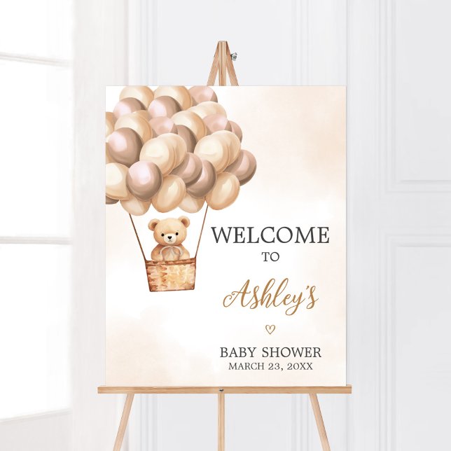 Välkomsthälsning för brun Luftballong, babykläder Poster (Boho Brown Bear Baby Shower Welcome Sign)