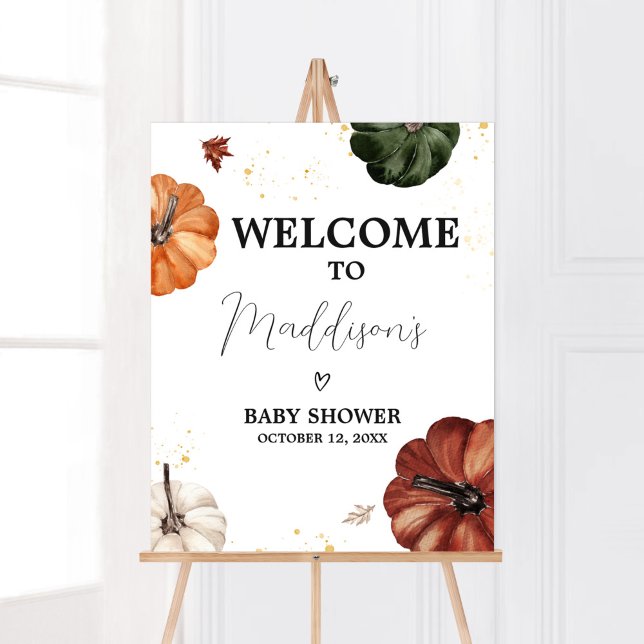 Välkomsthälsning för Burgundy-minimalistisk höstpu Poster (Minimalist Autumn Pumpkin Baby Shower Welcome Sign)