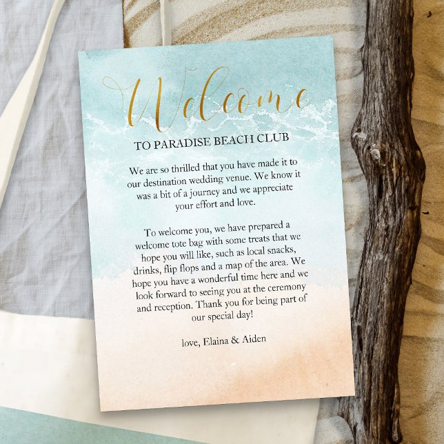 Välkomsthälsning för busslinjens destinationsbröll tilläggskort (Tropical Beach Resort destination wedding welcome card - Boho Beach Collection)
