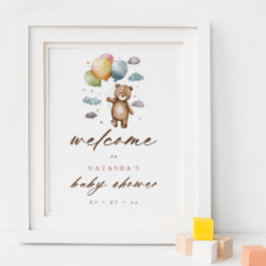 Välkomsthälsning för Cute Bear och Pastel Balloons Poster