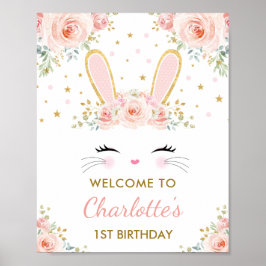 Välkomsthälsning för Cute Bunny Rosa Guld Blommigt Poster