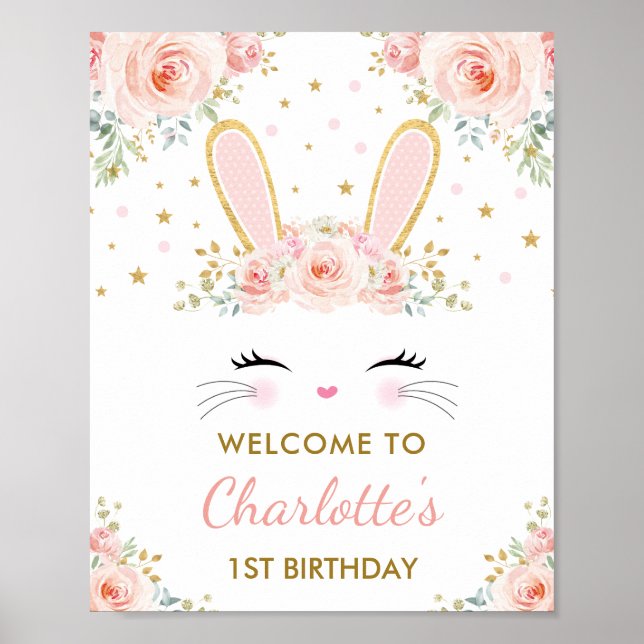 Välkomsthälsning för Cute Bunny Rosa Guld Blommigt Poster (Framsidan)