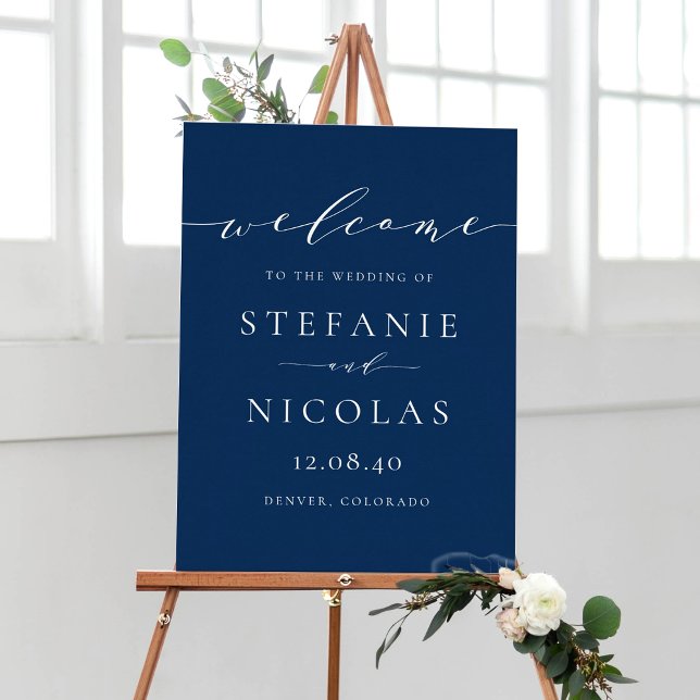Välkomsthälsning för Dainty Script Simple Navy Blu Poster (Customizable navy blue minimalist script wedding welcome sign)
