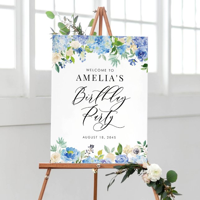 Välkomsthälsning för den blå Hydrangea-Födelsedags Poster (Skapare uppladdad)