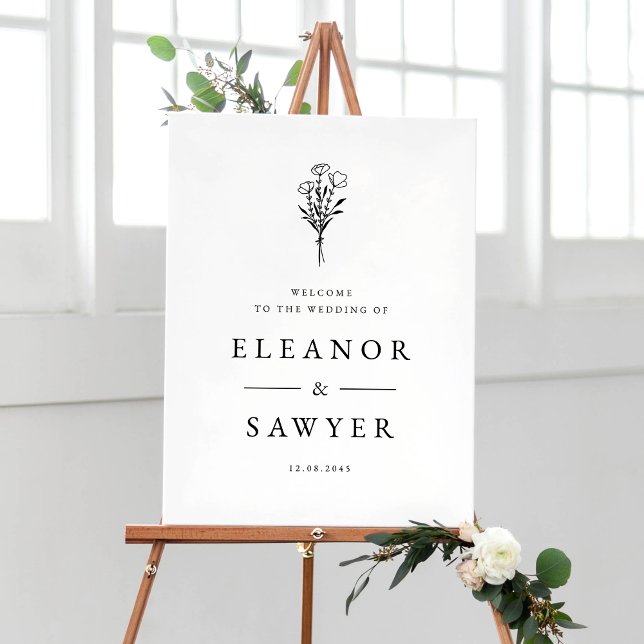 Välkomsthälsning för den svarta minimalistiska Blo Poster (Customizable boho wedding sign featuring minimalist floral bouquet. Available in other colors )