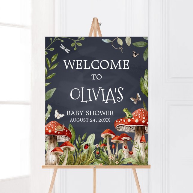Välkomsthälsning för det varma skogen Mushroom Poster (Rustic Mushroom Baby Shower Welcome Sign)