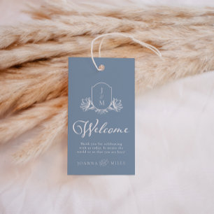 Välkomsthälsning för Dusty Blue Bröllop Monogram V Presentetikett