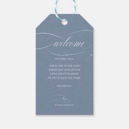 Välkomsthälsning för Dusty Blue Destination Weddin Presentetikett