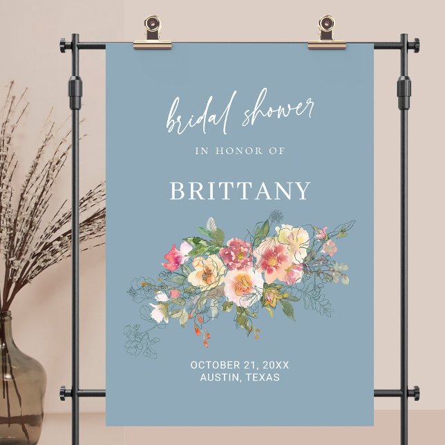 Välkomsthälsning för Dusty Blue Watercolor Blommig Poster (Dusty Blue Watercolor Floral Bridal Shower Welcome Poster )