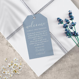 Välkomsthälsning för Dusty Blue Wedor Basket Presentetikett