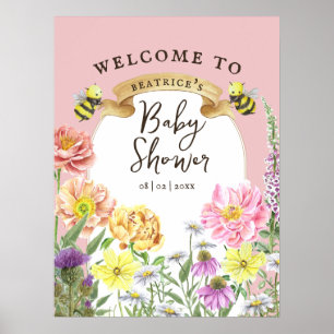 Välkomsthälsning för elegant Bee och Wildblomma Ba Poster