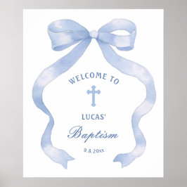 Välkomsthälsning för elegant Blue Bow Baptism Poster