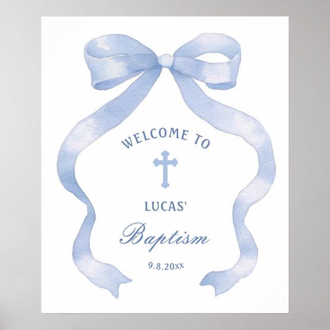 Välkomsthälsning för elegant Blue Bow Baptism Poster (Framsidan)