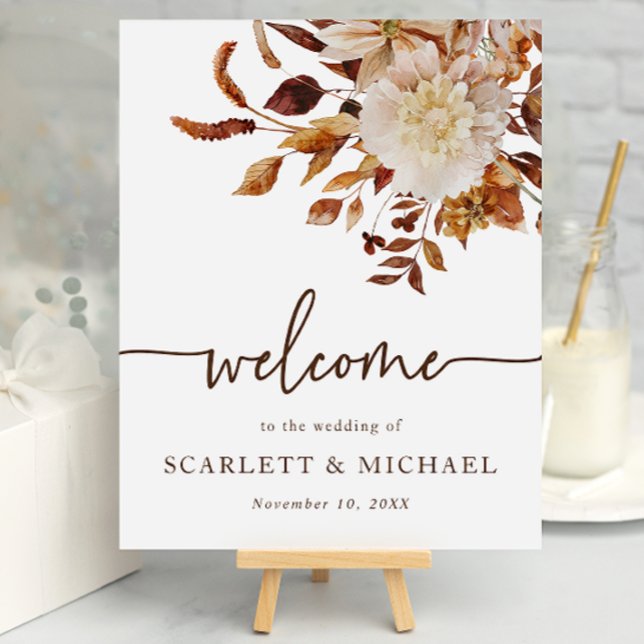 Välkomsthälsning för elegant Fall Wedding Poster (Autumn Floral Table Top Welcome Sign by Painted Paperie)